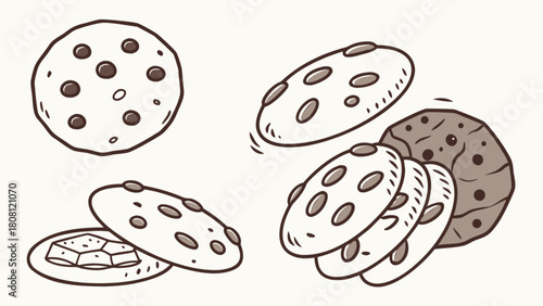 Illustration showing a variety of chocolate chip cookies in different orientations and arrangements
