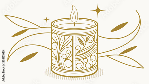 Elegant candle with floral design and decorative leaves radiating around it on a light background