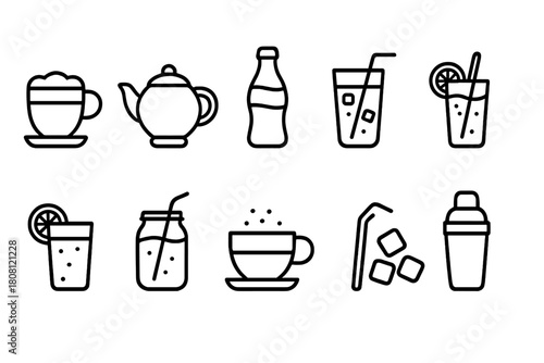 Beverage, drinks outline icon set. Coffee, tea, soda, cocktail icons collection