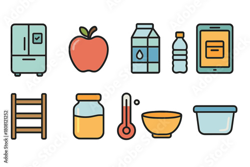 Food storage flat icon set. Kitchen, groceries, container, conservation, flat collection