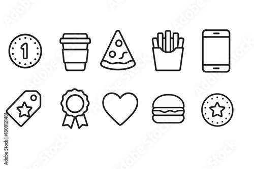 Food and shopping line icon set: pizza, coffee cup, shopping tag, phone, burger