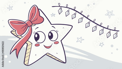 Cartoon star with a bow and string lights in a winter scene with snowflakes and snowdrifts design