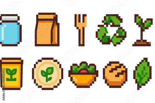“Organic farming, gardening 8-bit icon set. Pixelated and retro-style plant and garden icons.”
