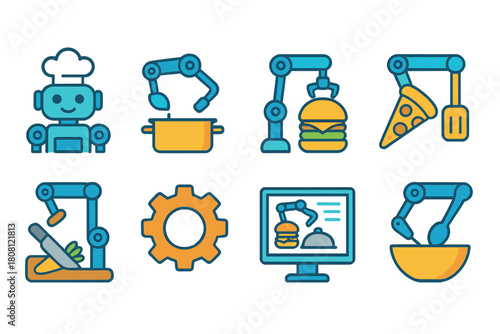 Kitchen robotics flat icon set. Automation, cooking, industrial equipment flat icons