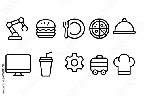 Restaurant and robotics outline icon set. Food, automation, menu, cooking line icons.