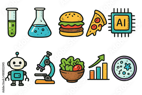 Science and food icon set. Education, culinary flat icons collection