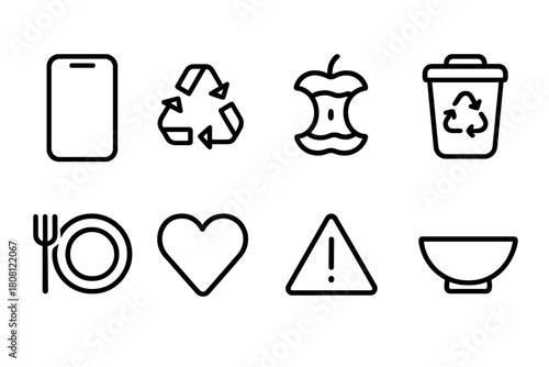 Waste management outline icon set. Recycling, environment, trash outline icons collection