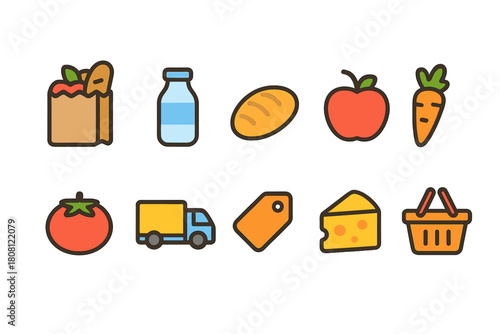 Grocery shopping flat icon set. Food, market, store icons flat collection