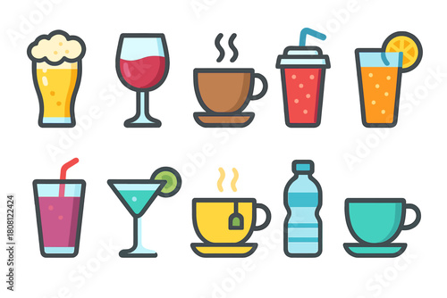 Beverage, drink flat icon set. Refreshing coffee, tea, and cocktail flat icons collection