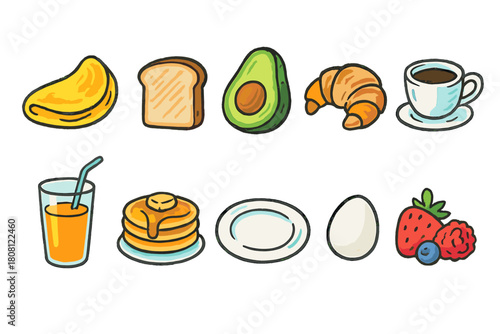 Breakfast food flat icon set. Delicious morning meal and snack icons collection