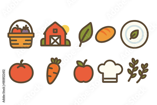 Farm fresh flat icon set. Agricultural, organic produce icons flat collection
