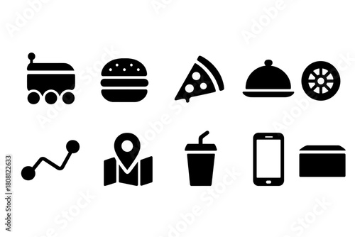 Food and navigation solid icon set. Dining, delivery, location solid icons collection