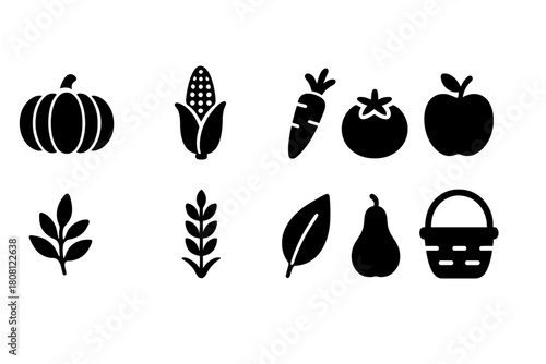 Harvest silhouette icon set. Autumn harvest symbols in a silhouette style