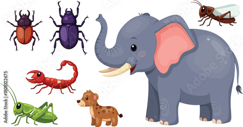 Cartoon animal and insect set, elephant, hyena, grasshopper, scorpion, beetle, bug, cute wildlife clipart, colorful, nature, character design