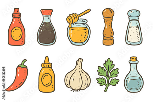 Condiment, seasoning doodle icon set. Flat spice, ingredient icons collection