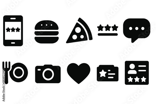 Food and communication silhouette icon set: fast food, chat, and social icons collection