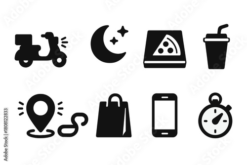 Food delivery silhouette icon set. Fast food, order, delivery black icons collection