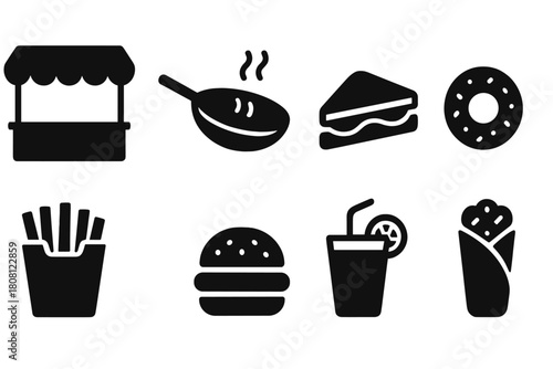 Food and beverage silhouette icon set: restaurant, fast food, drink icons collection