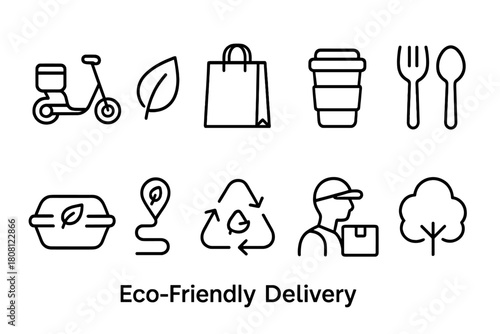 Eco-friendly delivery line icon set. Sustainable packaging and green transport icons.