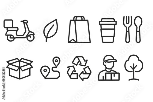 Eco-friendly delivery line icon set: sustainable, recycling, courier, green icons