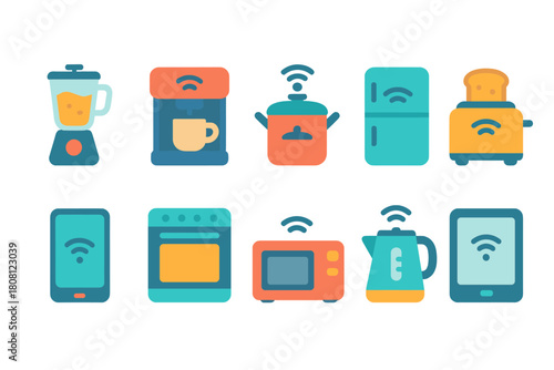 Smart kitchen appliances icon set. Connected, convenience, and tech icons flat style