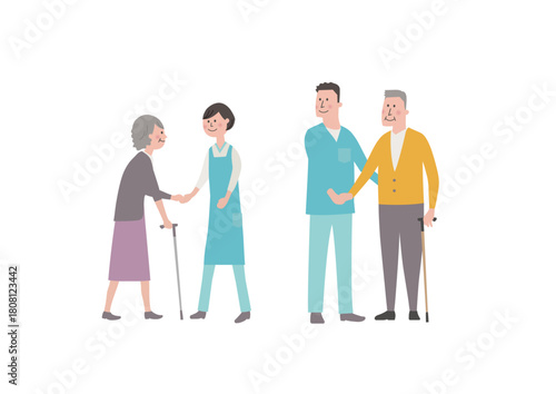 高齢者を穏やかにサポートする介護スタッフのコミュニケーションシーンのイラスト