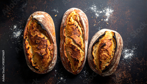 Artisanal Bread Loaves on Rustic Wooden Background with Intricate Scoring Patterns