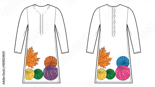 A detailed technical fashion illustration of a white garment with intricate design elements and color accents