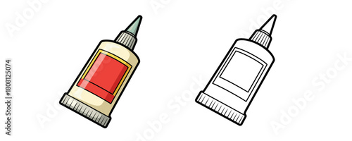 Realistic color and black and white drawing of small tube of glue with red label and thin applicator nozzle vector illustration isolated on white background without shadow
