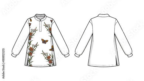 Technical fashion illustration of a white garment with detailed design elements and color accents