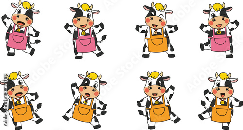Cartoon cow character set, emotional expressions, pink and orange aprons, farm animal vector, black and white, cute dairy mascot