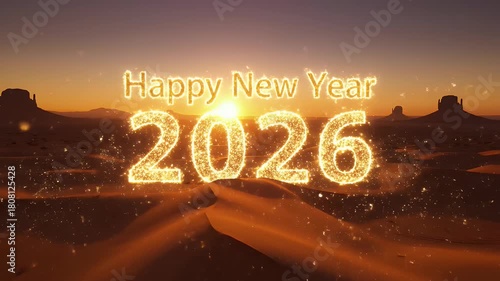 A stunning desert landscape at sunset with sand dunes and iconic rock formations silhouetted against a vibrant sky