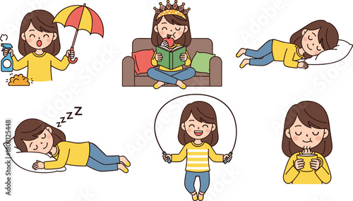 Cartoon girl daily routine, sleeping, reading, cleaning, drinking, jumping rope, cute character, expressive poses, lifestyle, kids, vector art