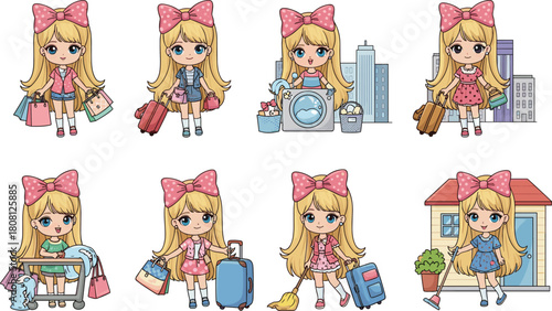 Cartoon girl activities, daily life scenes, shopping travel chores, cute character vector, pink bow outfit, lifestyle illustration, home fashion