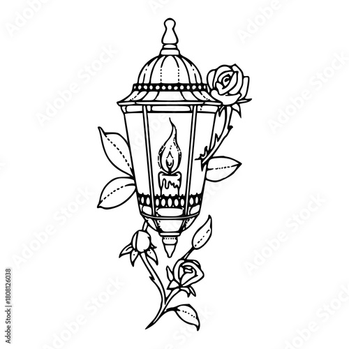 vintage lantern with burning candle surrounded by roses line art
