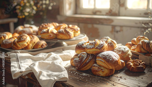 Assorted Bakery Pastries Displayed on Rustic Wooden Table with Warm Sunlight Casting Soft Glow
