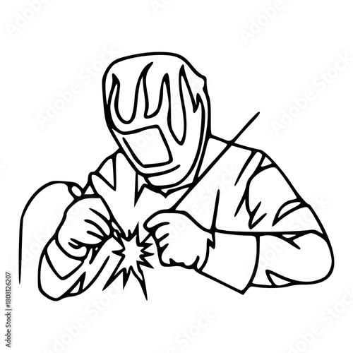 welder working with welding mask and sparks line art