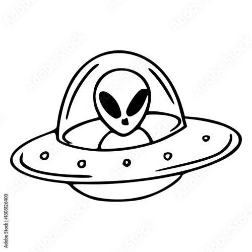 alien in a flying saucer line art icon