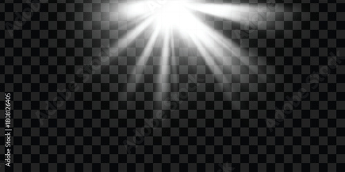 The sunbeam or light source, rays from above, isolated on transparent background, vector design