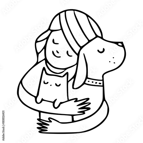 happy owner embracing her pets (dog and cat) line art