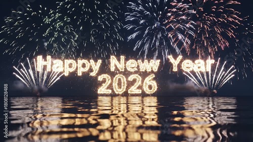 Fireworks display over a calm body of water at night creating reflections and a festive atmosphere