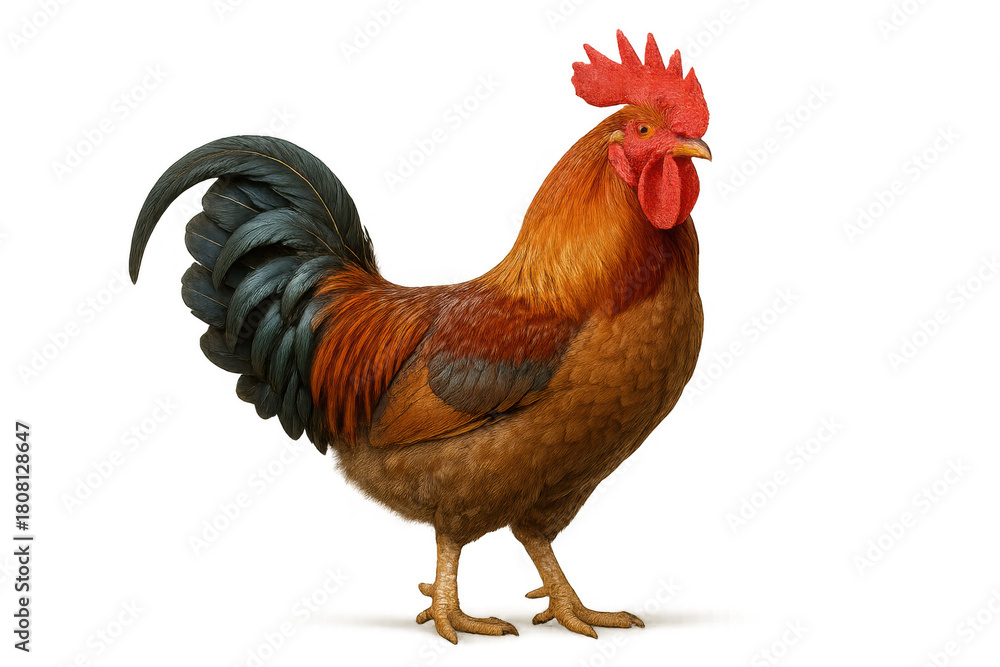 Fototapeta premium Rooster standing in profile, showing vibrant red and brown feathers on a transparent background for easy integration