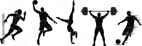 Sport silhouette illustration with runner, basketball, gymnast, weightlifter, soccer player, dynamic athletic poses, black vector set, fitness motion concept
