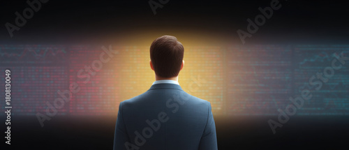 A solitary professional faces a vibrant digital interface brimming with analytical data and future projections, embodying strategic business intelligence and technological insight