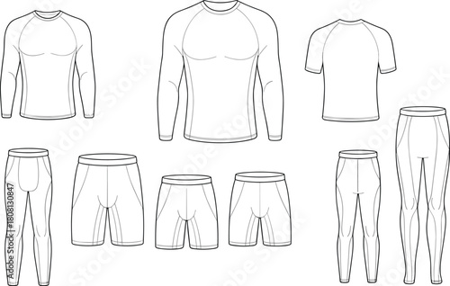 Compression garment technical illustration featuring tops, shorts, leggings, capris, seam panel details, black vector set, sportswear design, athletic apparel concept