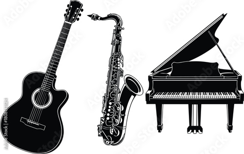 Acoustic guitar, saxophone, grand piano illustration, black and white musical instruments vector, detailed sketch, music art, jazz, classical, performance