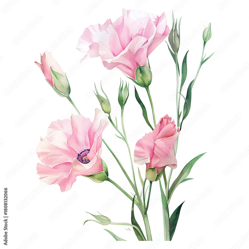 Naklejka premium Watercolor Pink Lisianthus Flowers and Buds on transparent background