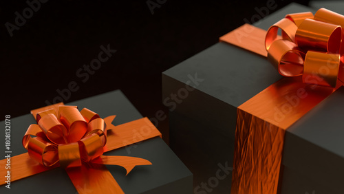 Luxury Black Gift Boxes with Orange Ribbon 3d rendering.