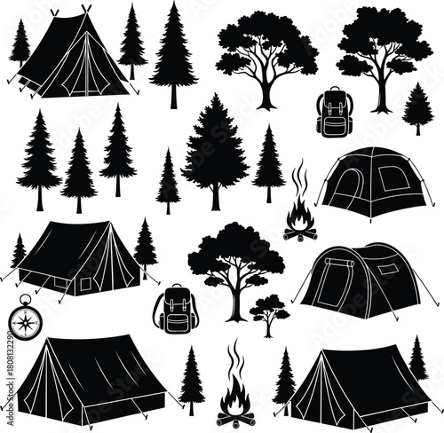 Camping silhouette illustration with tents, trees, campfires, backpacks, compass, forest outdoor adventure concept, black vector design, nature exploration artwork