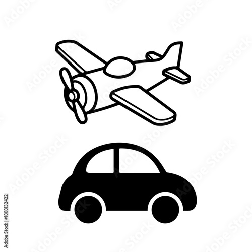 A black and white vector icon set featuring a simple toy car silhouette and a classic propeller airplane outline
